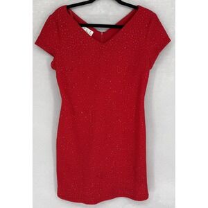 David Warren Petites Dress Womens 10P Red Sparkle Sleeve V Neck Cocktail Party
